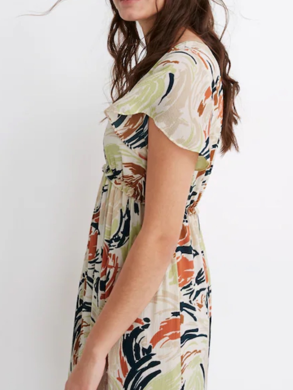 Madewell Flutter Sleeve Ruffle Waist Midi Dress in Brushing Up Print Size 6 - Picture 9 of 16